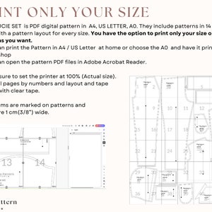 The LUCIE SET  is PDF digital pattern in  A4, US LETTER, A0. They include patterns in 14 sizes and 1 PDF with a pattern layout for every size. You have the option to print only your size or as many sizes as you want