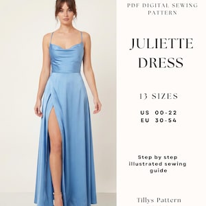 Op de afbeelding: Een lichtblauwe Juliette-jurk met een col en een hoge split. De jurk is een digitaal PDF-naaipatroon verkrijgbaar in 13 maten, US 00-22 en EU 30-54. De afbeelding bevat de tekst "Step by step illustrated sewing guide".