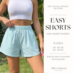 Peut inclure: Shorts taille haute avec un motif à rayures verticales bleu clair et blanc et une taille élastique. Le texte indique : PDF DIGITAL SEWING PATTERN EASY SHORTS HIGH WAIST SHORTS 12 SIZES US 00-20 EU 30-52 Step by step illustrated sewing guide Tilly's Pattern Studio.
