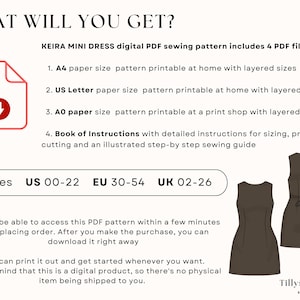 How to print only the size you need and save time and ink.                                                           
 1.A4 paper size pattern with layered sizes. 2. US Letter paper size pattern with layered sizes.  3. A0 paper size  pattern printable at a print shop with layered sizes
  4. Book of Instructions with detailed instructions for sizing, printing,                                                   cutting and an illustrated step-by step sewing guide