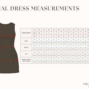 Finished dress measurements table.