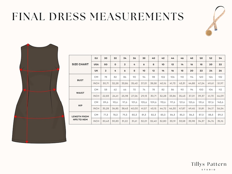 Finished dress measurements table.