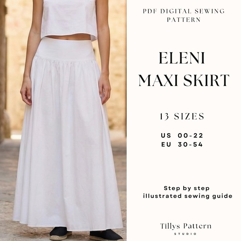 PDF Digital sewing pattern. Maxi skirt pattern. Easy beginner pattern 13 sizes: US 00-22, EU 30-54. Step by step easy sewing instructions. Sewing tutorial. Yoke summer skirt sewing pattern.