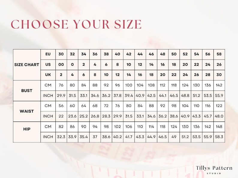 Size chart. US 00-20, EU 30-52, UK 2-24
