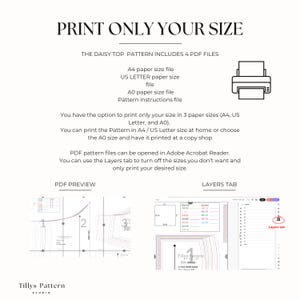 How to print only the size you need and save time and ink.                                                           
 1.A4 paper size pattern with layered sizes. 2. US Letter paper size pattern with layered sizes.  3. A0 paper size  pattern printable at a print shop with layered sizes
  4. Book of Instructions with detailed instructions for sizing, printing,                                                   cutting and an illustrated step-by step sewing guide