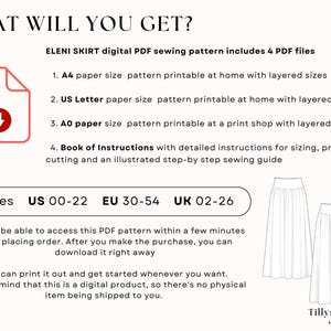 How to print only the size you need and save time and ink.                                                           
 1.A4 paper size pattern with layered sizes. 2. US Letter paper size pattern with layered sizes.  3. A0 paper size  pattern printable at a print shop with layered sizes
  4. Book of Instructions with detailed instructions for sizing, printing,                                                   cutting and an illustrated step-by step sewing guide