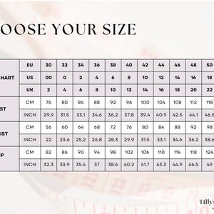 Size chart. US 0-20, EU 32-52, UK 4-24