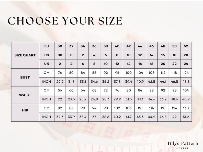Size chart. US 0-20, EU 32-52, UK 4-24