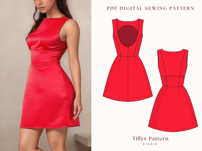 PDF Digital sewing pattern. Mini open back dress  pattern. 12 sizes: US 0-22, EU 32-54. Step by step easy sewing instructions. Layered sizes