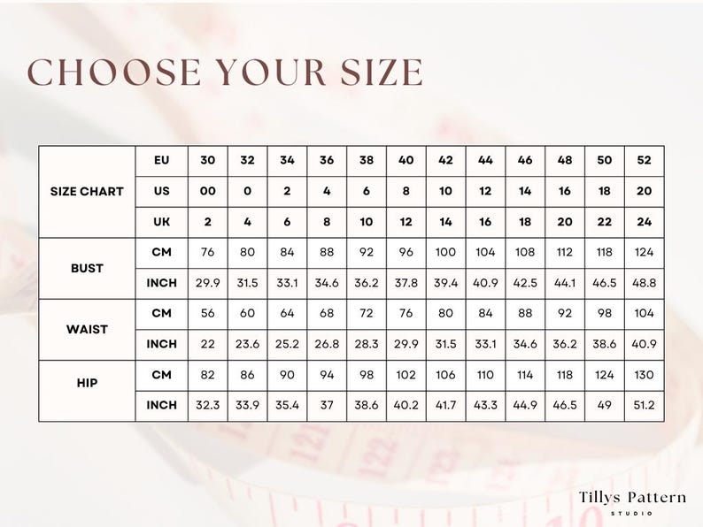 Size chart. US 0-20, EU 32-52, UK 4-24