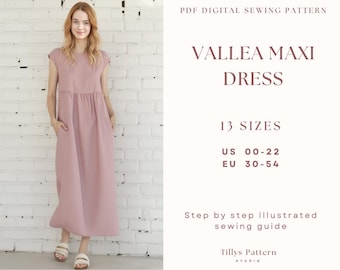 Op de afbeelding: Een vrouw draagt een poederroze maxi-jurk met zakken. De jurk maakt deel uit van een digitaal PDF-naaipatroon genaamd "VALLEA MAXI DRESS" met 13 maten, US 00-22 en EU 30-54. De afbeelding bevat ook tekst over een stapsgewijze geïllustreerde naaigids.