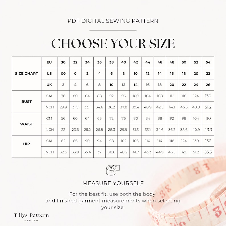 Body sizes table.