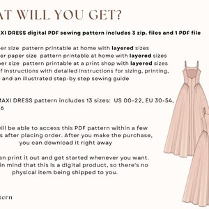 PDF Digital sewing pattern. Maxi dress pattern. Easy beginner pattern 13 sizes: US 00-22, EU 30-54. Step by step easy sewing instructions.