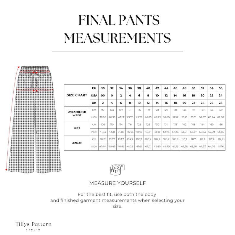 Final pants measurements table