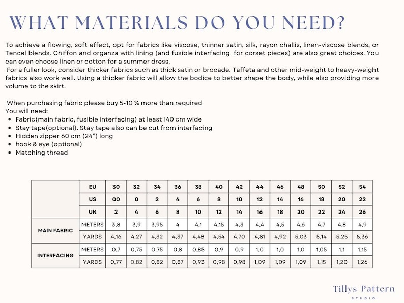 List of needed materials for Bluebell corset midi dress.