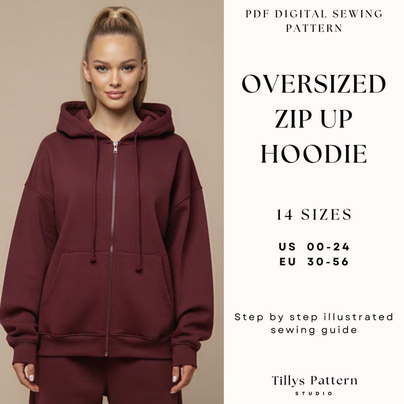 Oversized Zip Up Hoodie Sewing Pattern| Women Hoodie Pattern| Zipper Jacket Pattern| Loungewear Pattern| Zipper Hoodie| Sewing tutorial
PDF Digital sewing pattern. Oversized Zip up hoodie pattern. 14 sizes: US 00-24, EU 30-56. Step by step easy sewing instructions.