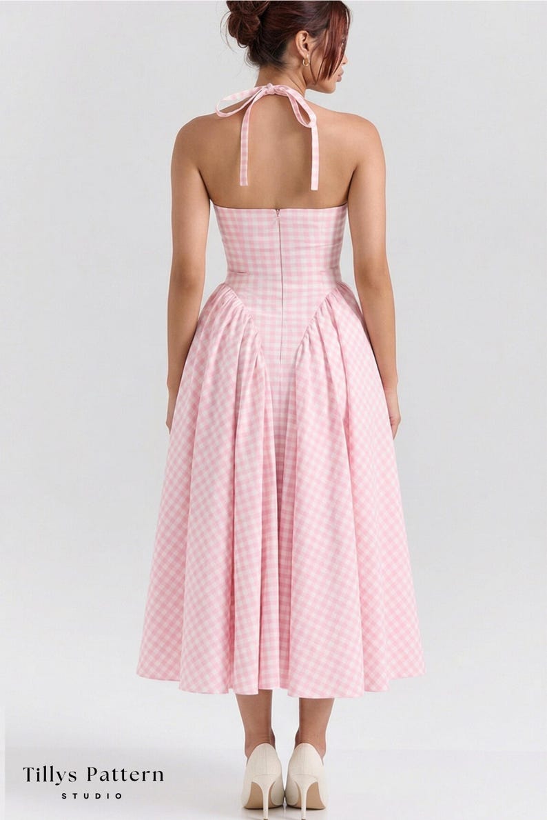PDF Digital sewing pattern. Halter neck  summmer midi dress pattern with pockets. Easy beginner pattern 12 sizes: US 00-20, EU 30-52. Step by step easy sewing instructions. Sewing tutorial. Cotton dress pattern. Gingham dress pattern.