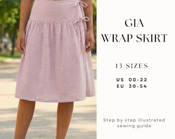 Low Waist Wrap Skirt Sewing Pattern| Yoke Skirt Pattern| Tie Skirt Pattern| Midi Skirt Sewing Pattern| Sewing Illustrated Tutorial| US 00-22
