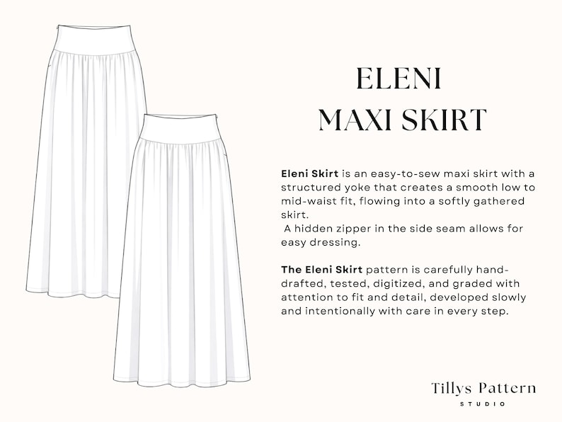 PDF Digital sewing pattern. Maxi skirt pattern. Easy beginner pattern 13 sizes: US 00-22, EU 30-54. Step by step easy sewing instructions. Sewing tutorial. Yoke summer skirt sewing pattern.