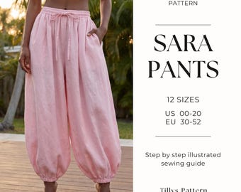 Balloon Pants Sewing Pattern | Mid Waist Wide Leg Pants | Bubble Women Pants Sewing Pattern| Harem Pants| Sewing tutorial| US 00-22