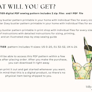 Zoey bustier digital PDF sewing pattern includes 3 zip. files and 1 PDF file .A4, US Letter and A0 Zoey bustier pattern printable in your home with individual file for every size.  Book of Instructions with  illustrated step-by step sewing guide
