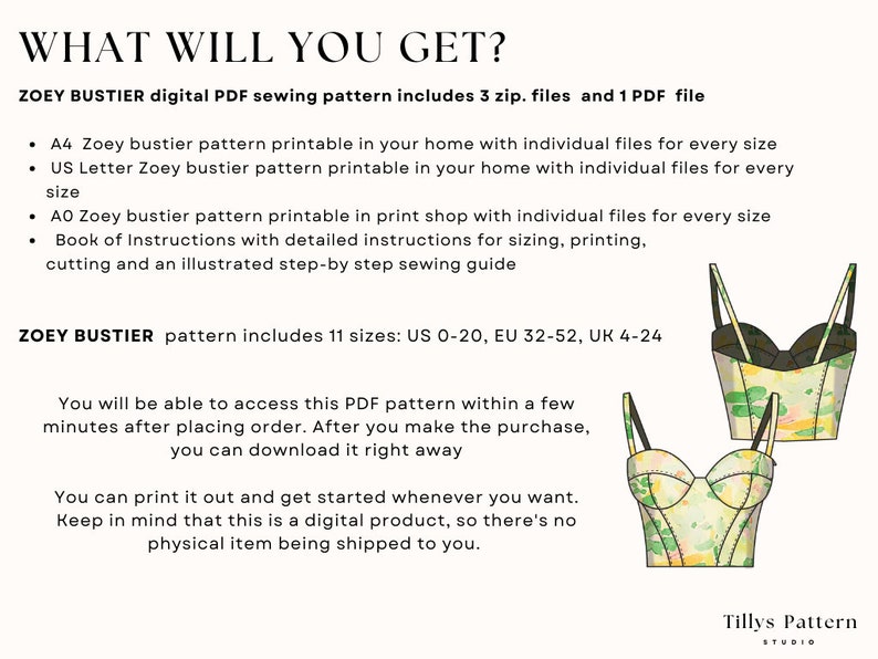 Zoey bustier digital PDF sewing pattern includes 3 zip. files and 1 PDF file .A4, US Letter and A0 Zoey bustier pattern printable in your home with individual file for every size.  Book of Instructions with  illustrated step-by step sewing guide