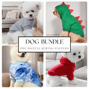 May include: A collage of four dogs wearing different outfits. The outfits include a gray waffle-knit sweater, a green dinosaur hoodie with red spikes, a blue tie-dye hoodie, and a red hoodie. The text "DOG BUNDLE PDF DIGITAL SEWING PATTERN" is displayed.