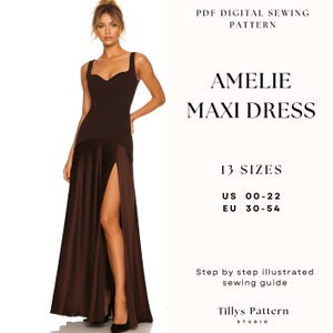 Może przedstawiać: Brązowa sukienka maxi z wysokim rozcięciem. Sukienka ma dopasowany gorset i zwiewną spódnicę. Obraz zawiera tekst "AMELIE MAXI DRESS" i "13 ROZMIARÓW" z rozmiarami US 00-22 i EU 30-54.