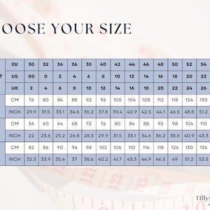 Size chart. US 00-24, EU 30-56, UK 2 - 28