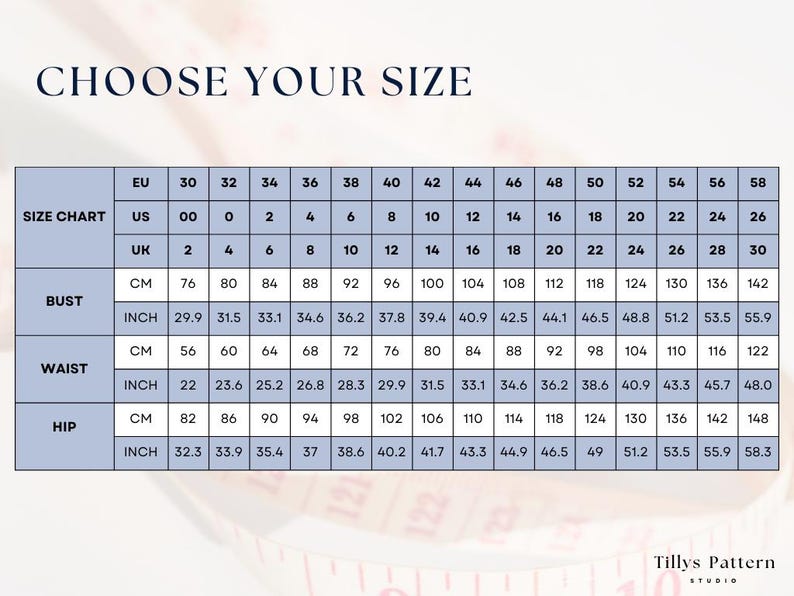 Size chart. US 00-24, EU 30-56, UK 2 - 28