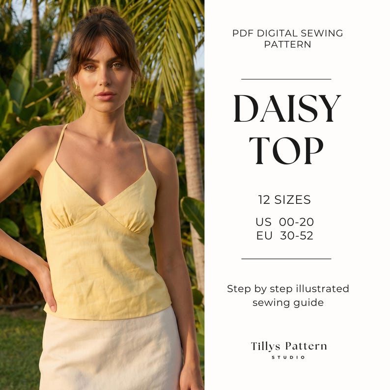 PDF Digital sewing pattern. Cami linen top with lace up back. Easy beginner pattern 12 sizes: US 00-20, EU 30-52. Step by step easy sewing instructions. Sewing tutorial. Y2K linen top.