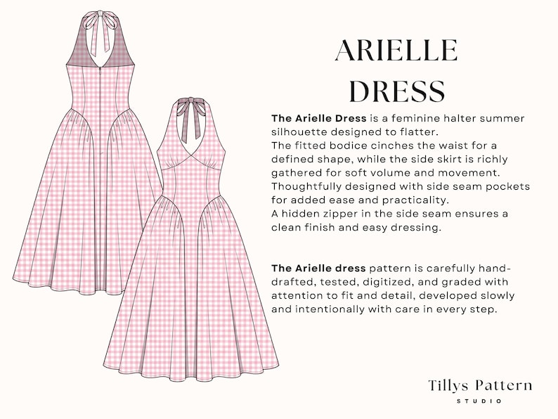 The Arielle dress pattern is carefully hand-drafted, tested, digitized, and graded with attention to fit and detail, developed slowly and intentionally with care in every step.