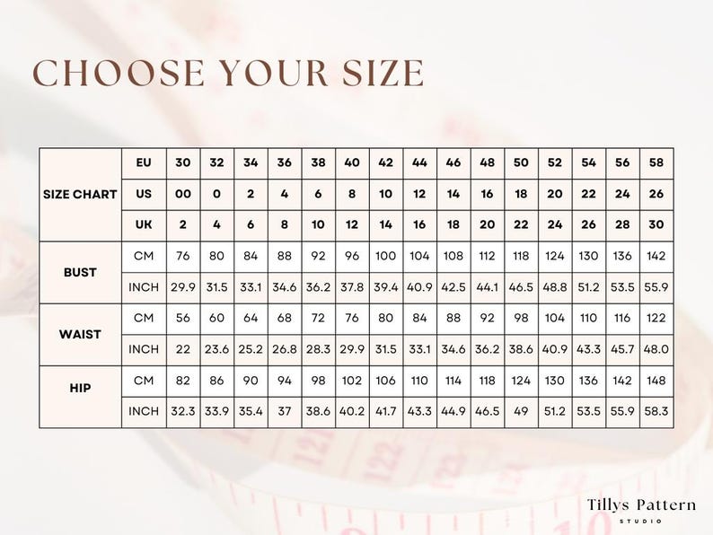 Size chart. US 00-22, EU 30-54, UK 2-26