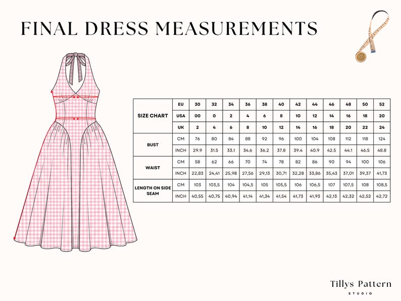 Final dress measurements chart
