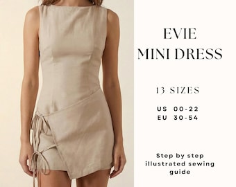 Mini Dress with Front Wrap and Ties Sewing Pattern| Sleeveless Fitted Dress| Boat Neckline Dress Pattern| Sewing Tutorial| US 00–22