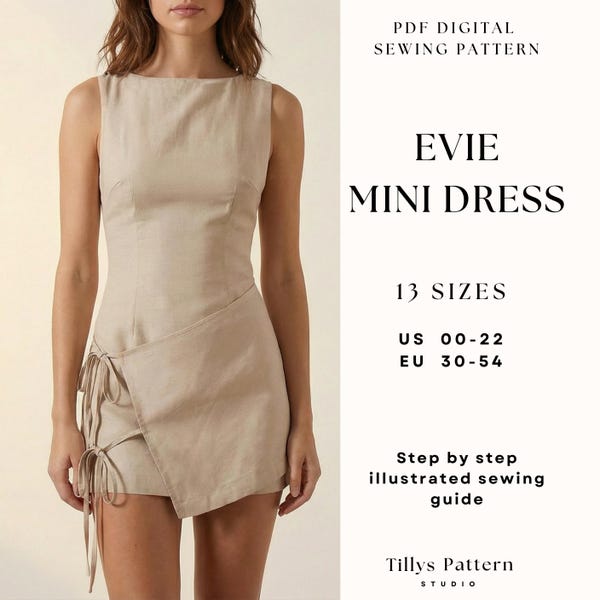 Mini Dress with Front Wrap and Ties Sewing Pattern| Sleeveless Fitted Dress| Boat Neckline Dress Pattern| Sewing Tutorial| US 00–22