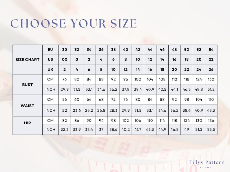 Size chart. US 00-22, EU 30-54, UK 2-26