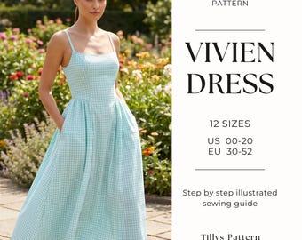 Patrón de costura para vestido midi / Vestido con escote redondo / Patrón de vestido con espalda descubierta / Patrón de vestido de novia / Vestido de verano / Tutorial de costura / Tallas estadounidenses 0-20