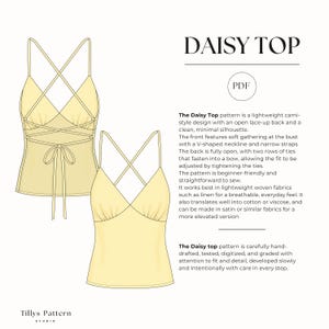 The Daisy Top pattern is a lightweight cami-style design with an open lace-up back and a clean, minimal silhouette.
The front features soft gathering at the bust with a V-shaped neckline and narrow straps. The back is fully open, with two rows of ties that fasten into a bow, allowing the fit to be adjusted by tightening the ties.
The pattern is beginner-friendly and straightforward to sew.