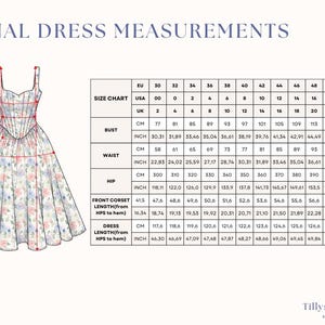 Finished dress measurements table.