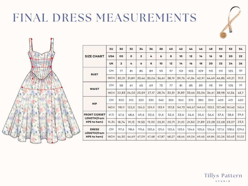 Finished dress measurements table.