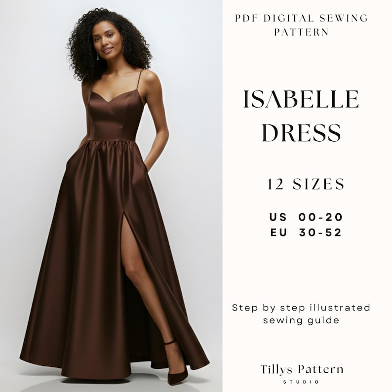 PDF Digital sewing pattern. Maxi dress pattern. Easy beginner pattern 12 sizes: US 00-20, EU 30-52. Step by step easy sewing instructions. Sewing tutorial. Evening gown with slit digital pattern.