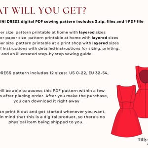 Giselle mini dress digital PDF sewing pattern includes 3 zip. files and 1 PDF file .A4, US Letter and A0. Giselle dress pattern printable in your home with files with layered sizes.  Book of Instructions with  illustrated step-by step sewing guide
