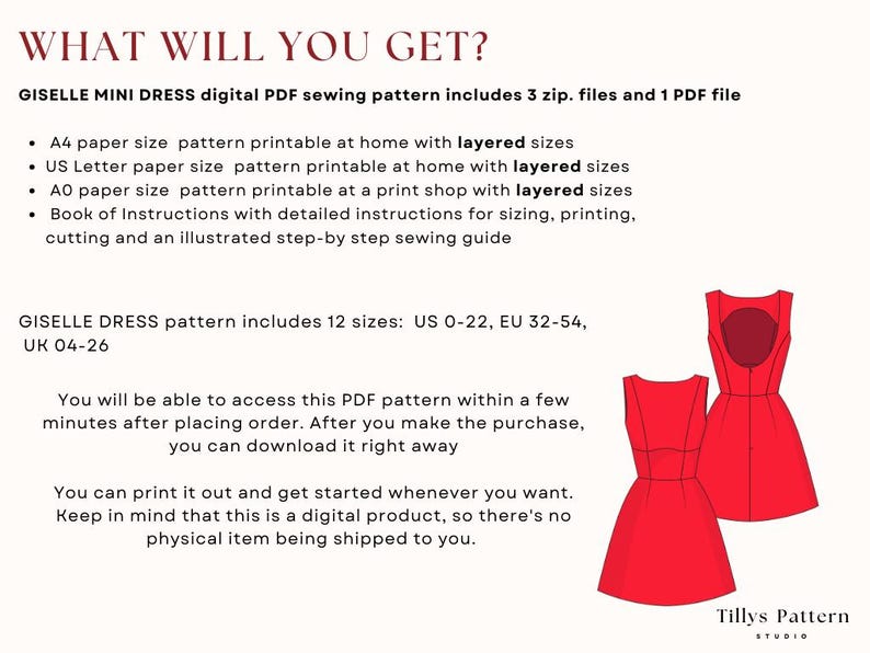 Giselle mini dress digital PDF sewing pattern includes 3 zip. files and 1 PDF file .A4, US Letter and A0. Giselle dress pattern printable in your home with files with layered sizes.  Book of Instructions with  illustrated step-by step sewing guide