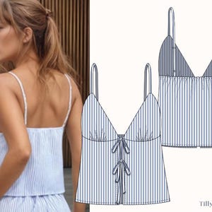 PDF Digital sewing pattern. Front tie top pattern. 13 sizes: US 00-22,EU 32-54. Step by step easy sewing instructions. Summer top easy pattern