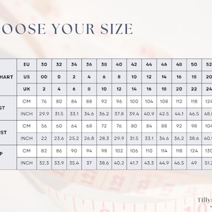 Size chart. US 00-22, EU 30-54, UK 2-26