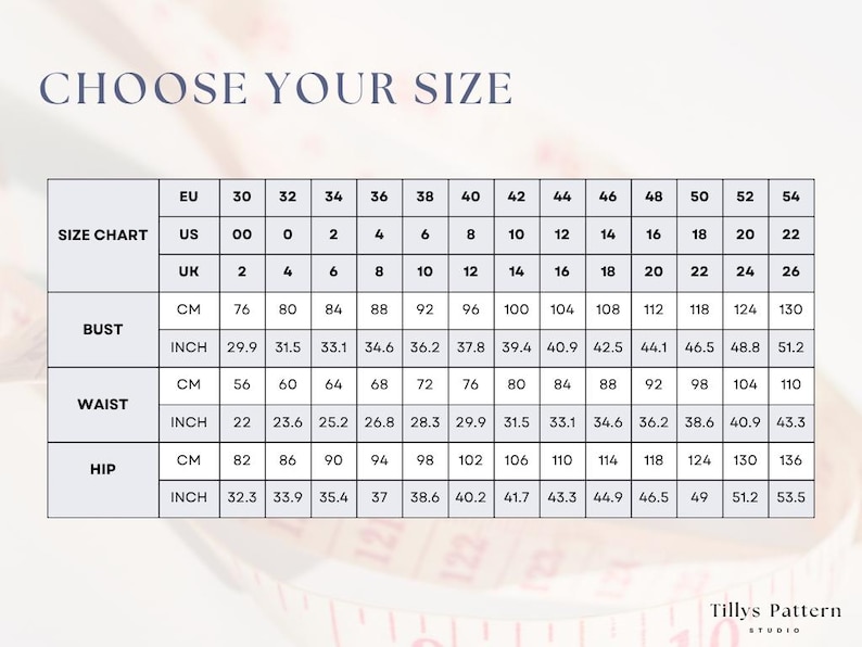Size chart. US 00-22, EU 30-54, UK 2-26