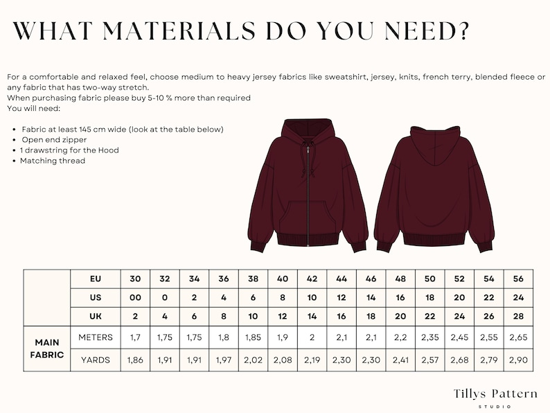 Oversized Zip Up Hoodie Sewing Pattern| Women Hoodie Pattern| Zipper Jacket Pattern| Loungewear Pattern| Zipper Hoodie| Sewing tutorial
For a comfortable and relaxed feel, choose medium to heavy jersey fabrics like sweatshirt, jersey, knits, french terry, blended fleece or any fabric that has two-way stretch.