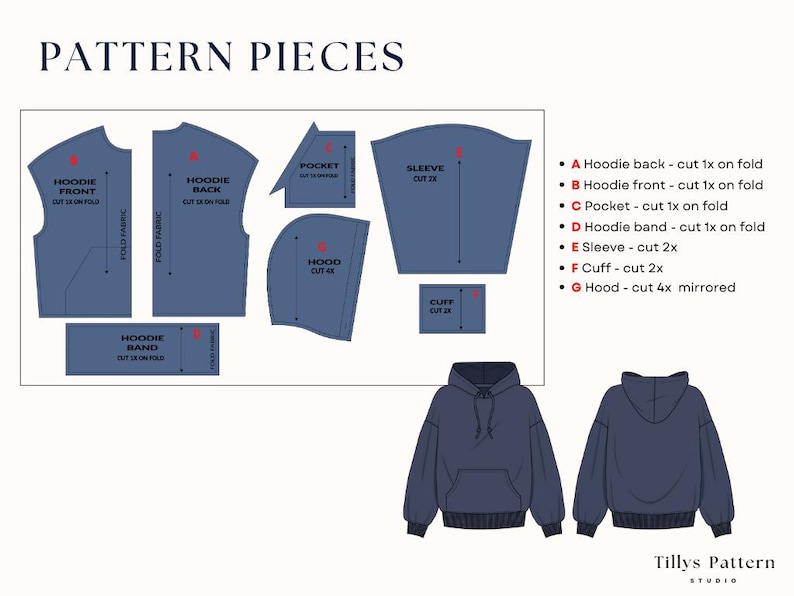 List of pattern pieces of oversized hoodie