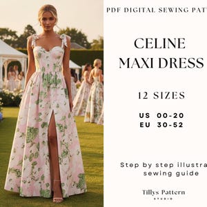 Peut inclure: Une femme porte une robe longue à fleurs avec une fente haute. La robe est rose clair avec des motifs floraux verts. Le texte de l'image indique "CELINE MAXI DRESS" et "12 TAILLES".